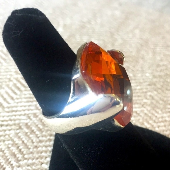 Large Orange Cushion Quartz Ring Checkerboard Faceted - Picture 6 of 9